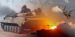 Tanque en combate al amanecer con un avión en vuelo y una ciudad al fondo en sombras.