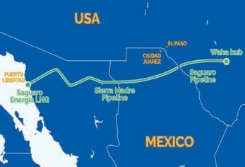 Mapa del gasoducto Sierra Madre entre México y EE. UU. con rutas energéticas destacadas.