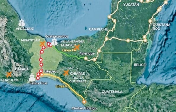 Mapa del Corredor Interoceánico y Tren Maya en el sureste de México y Centroamérica.