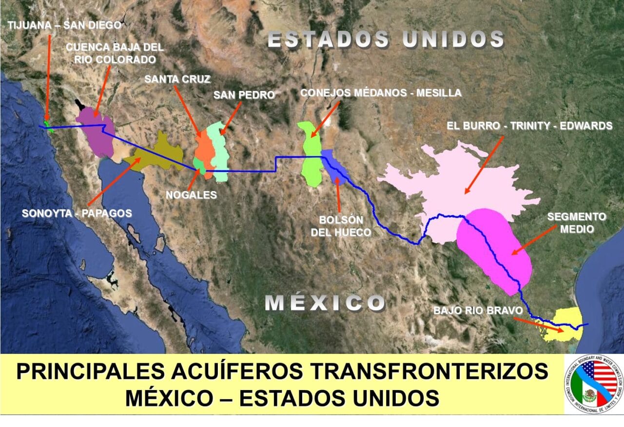 Mapa de acuíferos transfronterizos entre México y Estados Unidos mostrando sistemas subterráneos compartidos.
