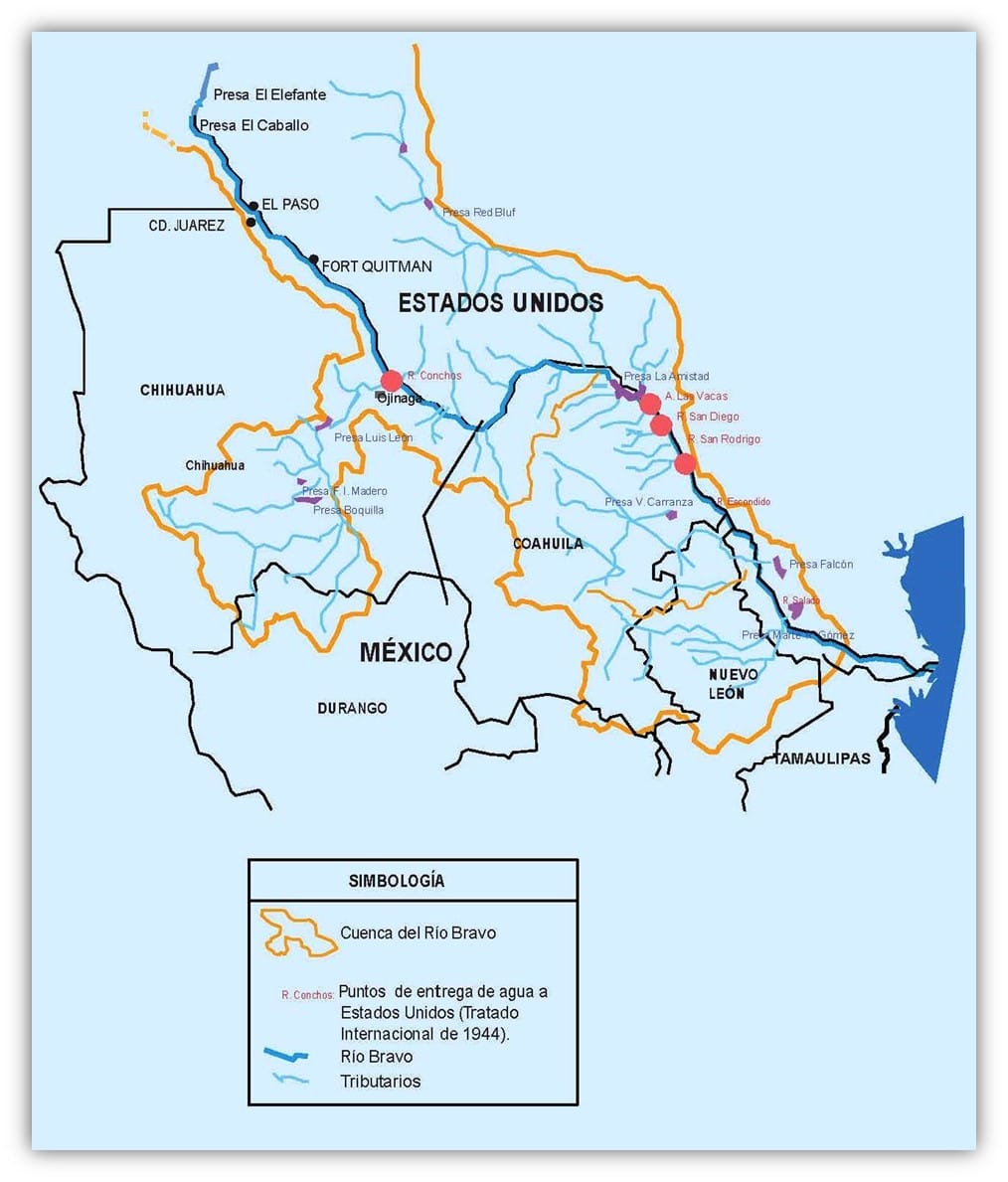 Cuenca hidrográfica del Río Bravo mostrando afluentes, presas principales y áreas de distribución binacional.