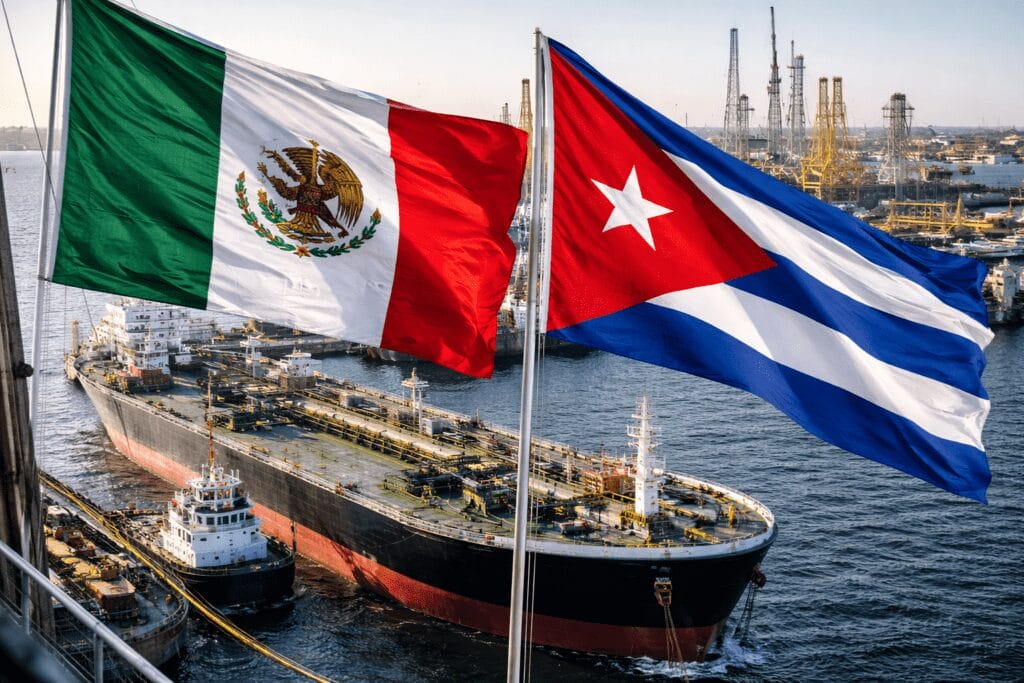 Buque de la Armada mexicana en La Habana con banderas de México y Cuba, símbolo de hermandad y ayuda humanitaria