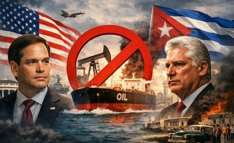 Representantes de EE.UU. y Cuba con banderas nacionales separados por barco petrolero simbolizando bloqueo energético
