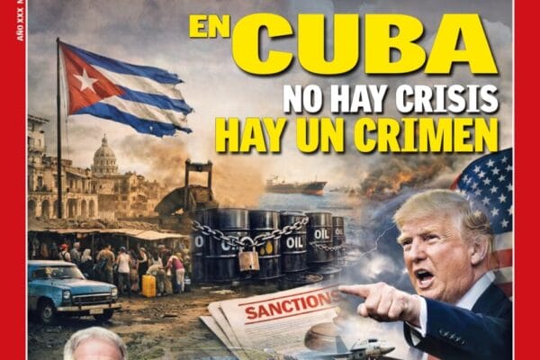 Bandera cubana ondea en calle de La Habana rodeada de cadenas y letreros de bloqueo con rostro enojado de Donald Trump al fondo