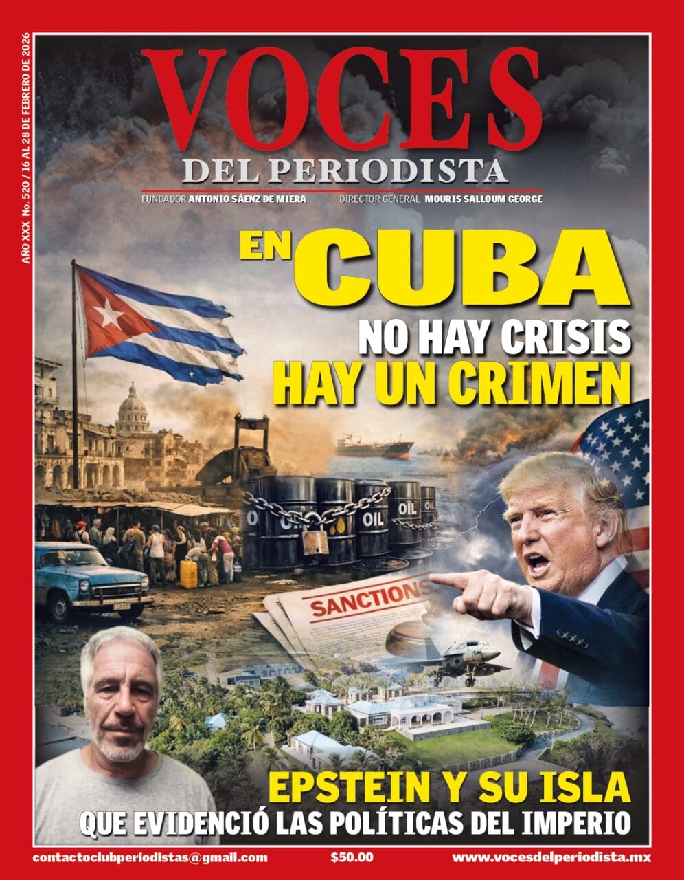 Bandera cubana ondea en calle de La Habana rodeada de cadenas y letreros de bloqueo con rostro enojado de Donald Trump al fondo